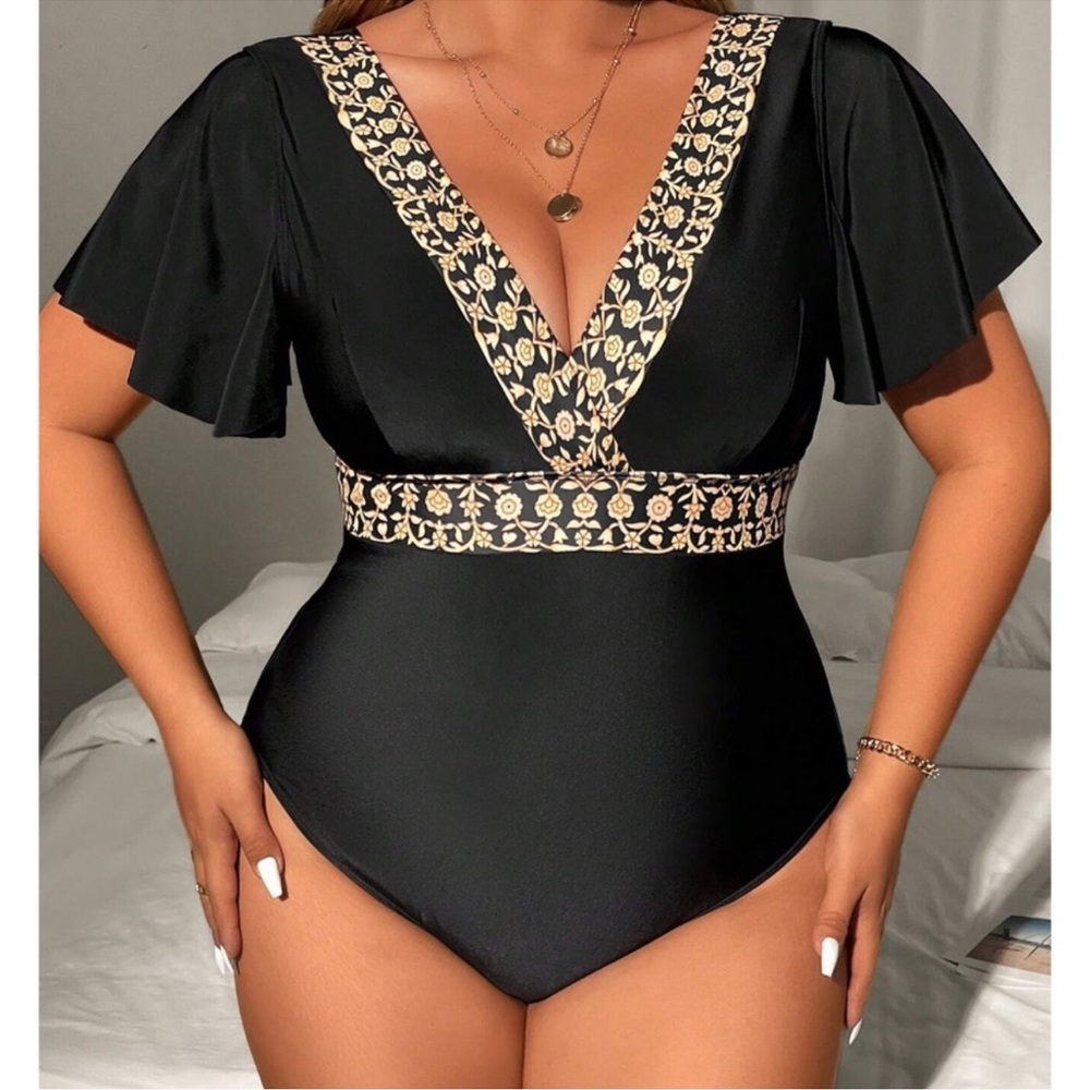 Plus Floral Print Plunging Neck Butterfly Sleeve One Piece Swimsuit 1X 2X 3X 4X
